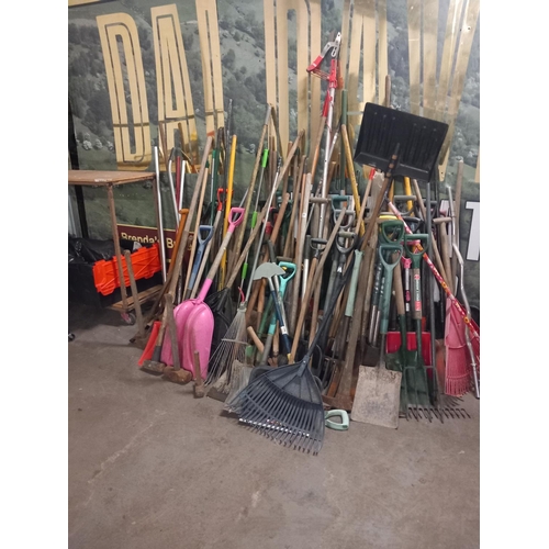 630 - Large selection of garden tools include shovels, rakes, pick axes etc