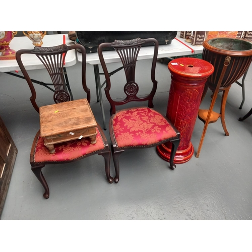 112 - Pair of mahogany dining chairs,  jardiniere, ceramic plant stand and small wooden plant stand