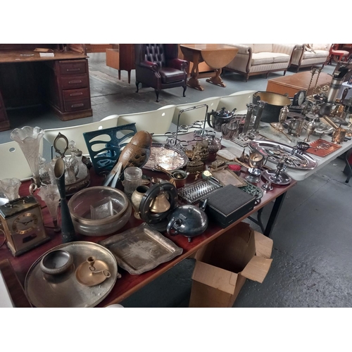 97 - A large collection of metalware - silver plate, brass, copper, etc