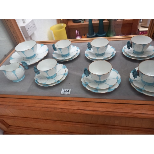 204 - Art Deco Aynsley blue butterfly handle pattern six place tea service comprising 6 tea cups 6 saucers... 