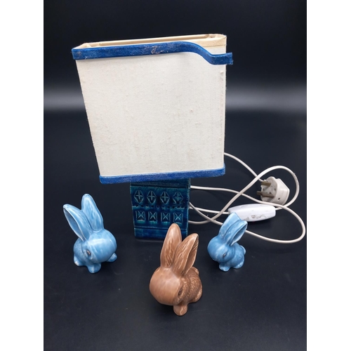 223 - A small Bitossi Rimni lamp (base 11cm high) together with three retro ceramic rabbits