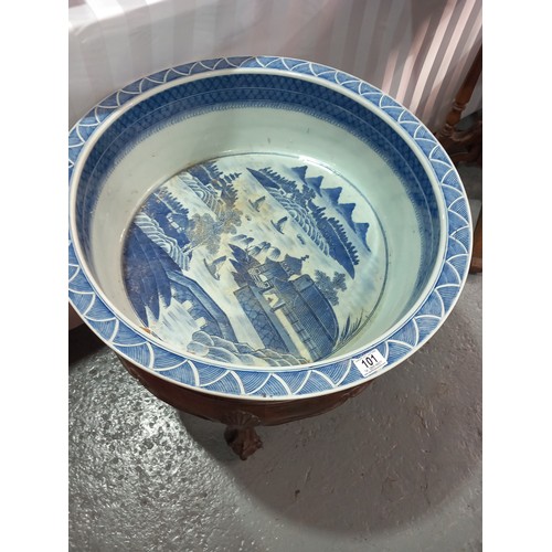 101 - A chinese 18th/19th century large blue and white washbowl on wooden stand 26 inches in diameter and ... 