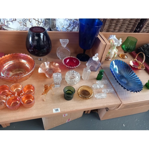 188 - Collection of art glass to include carnival punch bowl and six cups, decanters etc