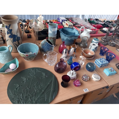 216 - Decorative china and glassware to include Ned Heywood pottery, caitness paperweights, Ten Moku potte... 