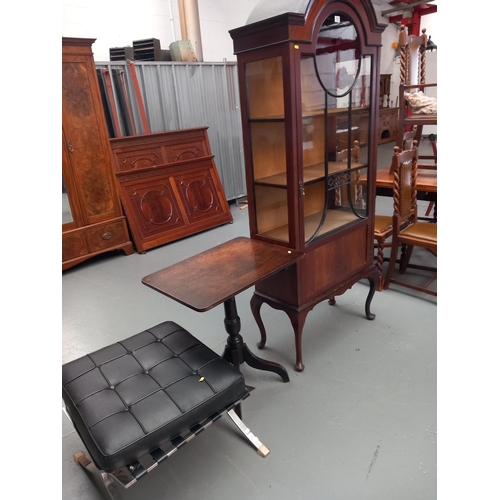 319 - A mahogany glass fronted china cabinet, a mahogany tilt top table on tripod base together with a chr... 