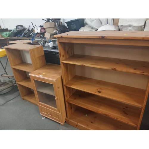 536 - Two pine bookcases together with a small pine effect media cabinet