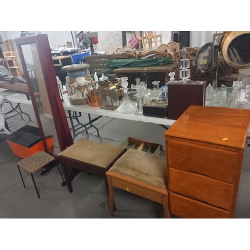 582 - A cheval style freestanding mirror, two piano stools and a chest of drawers etc