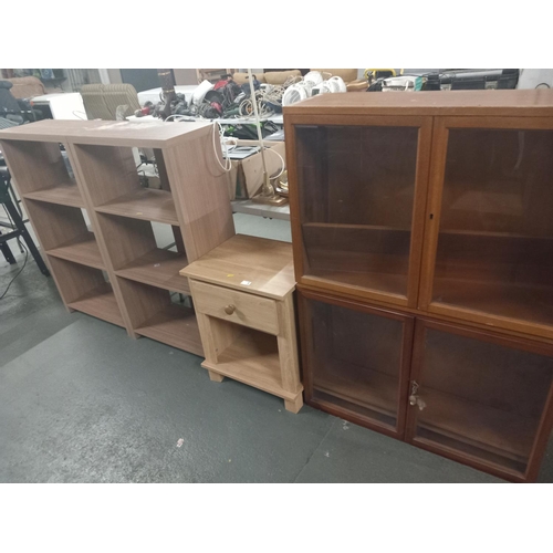 584 - Two bookcases , side table and two teak glass fronted Air ministry display cabinets