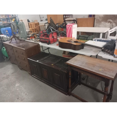 590 - Two chest of drawers, oak blanket box, occasional table and wine table