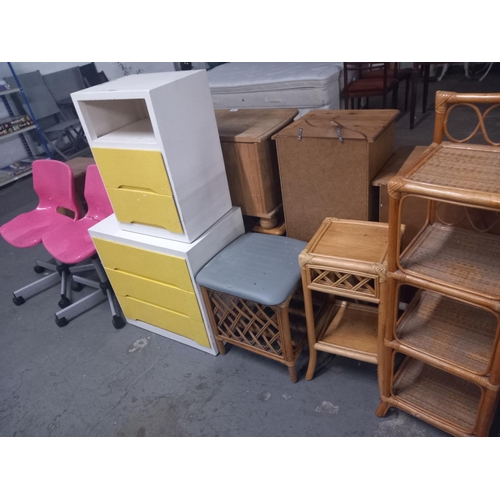 619 - Two plastic pink office chairs, painted bedside cabinets, bamboo plant stand and a bamboo footstool