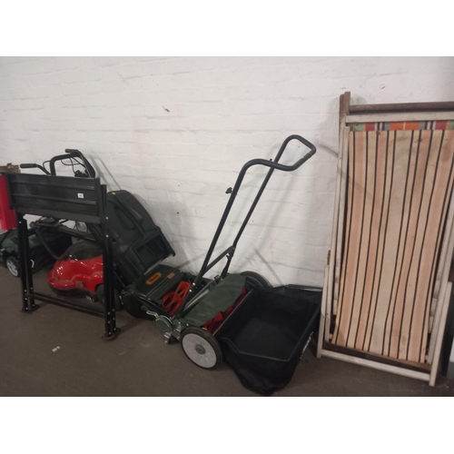 643 - Two Webb push lawnmowers, two electric lawn mowers etc