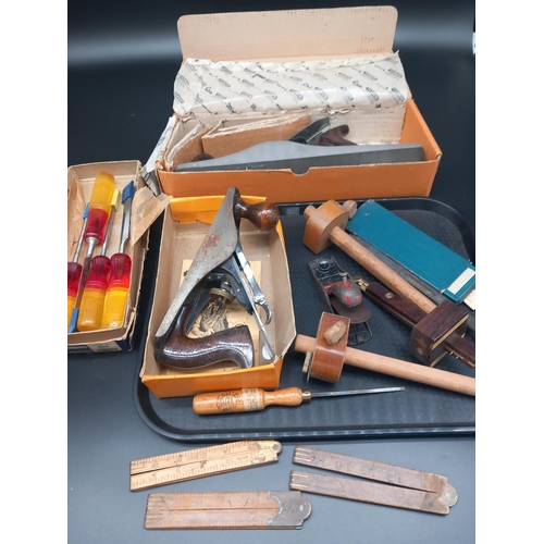 427 - Vintage Marples chisel set, Boxwood folding rules, Stanley No. 5 1/2 boxed plane, a Stanley No. 4 pl... 