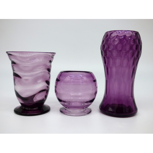 15 - Thomas Webb, Stevens & Williams and Richardson purple optic glass vases.

Heights 15, 10 & 19.5cm.