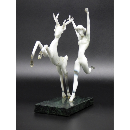 19 - Istvan Komaromy, large figural lamp worked prancing stag and dancing lady mounted on a green marble ... 