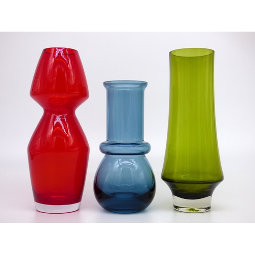 46 - Riihimaki Finland, three mould blown vases, red, blue and olive green, circa 1970.

Heights 25, 20 &... 