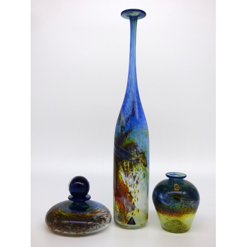 65 - Isle of Wight Studio Glass, a squat stoppered bottle, tall attenuated bottle and a baluster vase fro... 