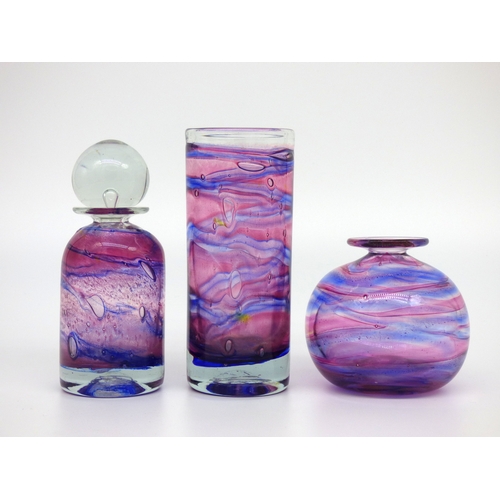 68 - Isle of Wight Studio Glass, a round stoppered bottle, cylinder vase and a small globe vase from the ... 