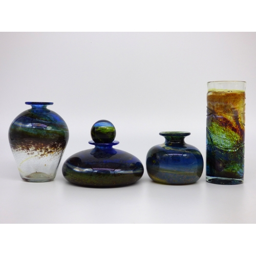 71 - Isle of Wight Studio Glass, a baluster vase, squat stoppered bottle, small globe vase and strapped c... 