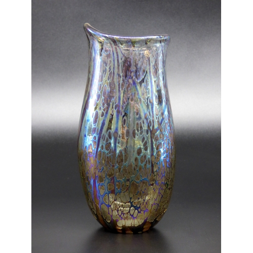 74 - Norman Stuart Clarke, an iridescent vase and perfume bottle, together with an iridescent paperweight... 