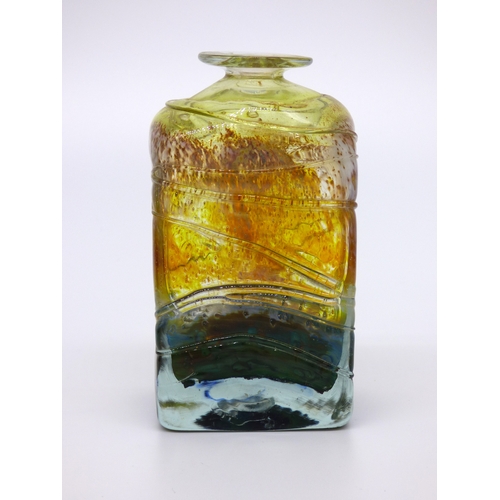 76 - Isle of Wight Studio Glass, a strapped cylinder vase, squat vase and a strapped square bottle from t... 