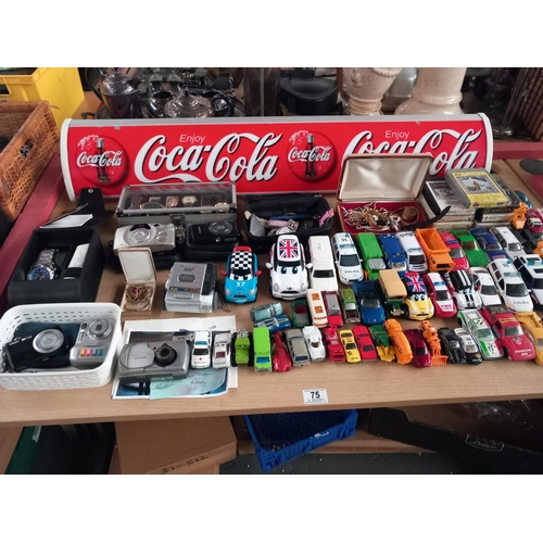 75 - Diecast model cars, a Coca Cola light up sign, vintage watches, costume jewellery etc