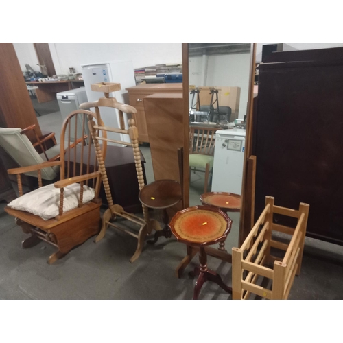 364 - A rocking chair, clothes rail, wine tables, cheval mirror etc