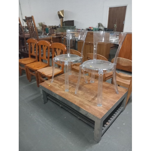 366 - Three pine dining chairs, large coffee table together with two retro style clear dining chairs