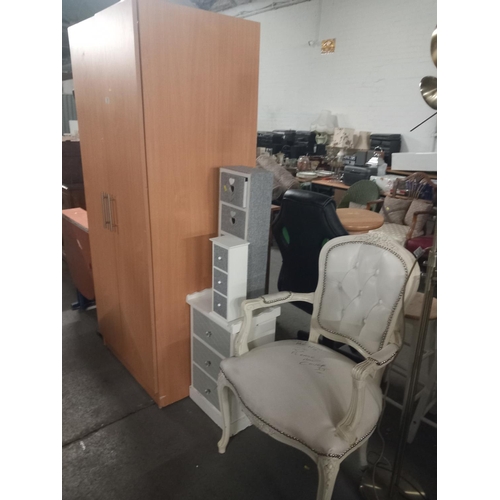 370 - Two painted dining chairs, wardrobe, drop leaf table etc