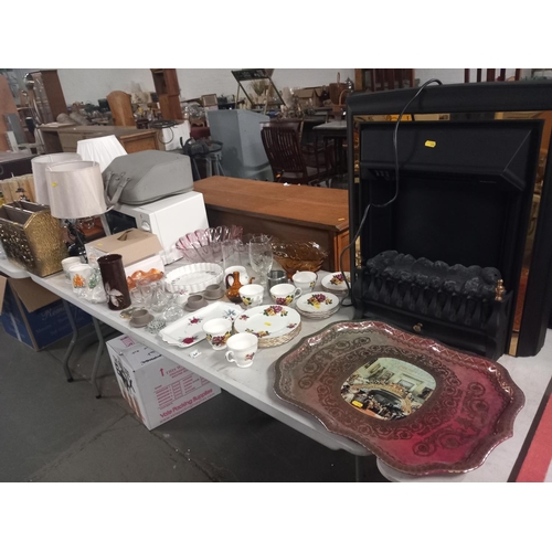 397 - An electric fire, microwave along with part tea set and other decorative china