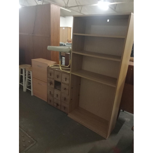 446 - 2 wooden stools, a bookcase, shoe rack, and a nine drawer cabinet etc