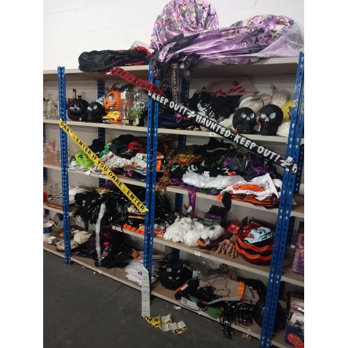 476 - 9 shelves of halloween decorations to include costumes, masks, ornaments etc