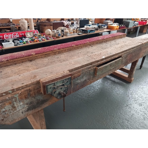 105 - A large pine workbench with record number 53e bench vice