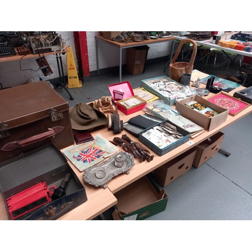 91 - Vintage items - leather hat box, cigarette cards, African carvings etc