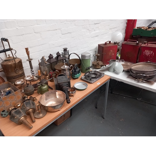 96 - Vintage metalware - carriage lamp, silver plated items, petrol cans, brass kettle, etc