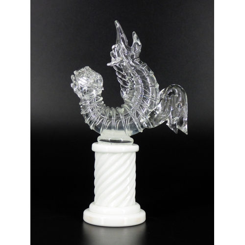 77 - Venini Murano, Napoleone Martinuzzi, clear glass seahorse standing on a white column.

Acid etched m... 