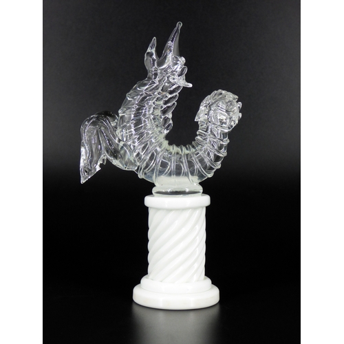 77 - Venini Murano, Napoleone Martinuzzi, clear glass seahorse standing on a white column.

Acid etched m... 