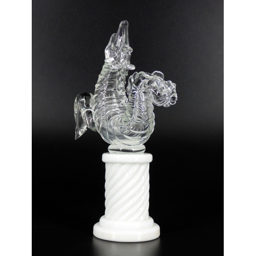 77 - Venini Murano, Napoleone Martinuzzi, clear glass seahorse standing on a white column.

Acid etched m... 