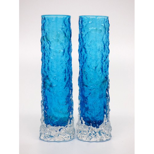 48 - Whitefriars, Meadow Green medium bark vase 9690 and a pair of Kingfisher blue finger vases 9729.

He... 