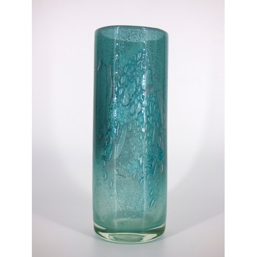 80 - Randsfjord Glass, Benny Motzfeldt, tall green bubbly glass cylinder vase, Norway 1968.

Engraved sig... 