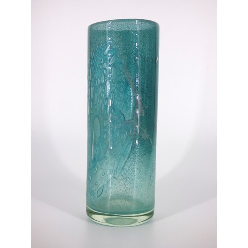 80 - Randsfjord Glass, Benny Motzfeldt, tall green bubbly glass cylinder vase, Norway 1968.

Engraved sig... 