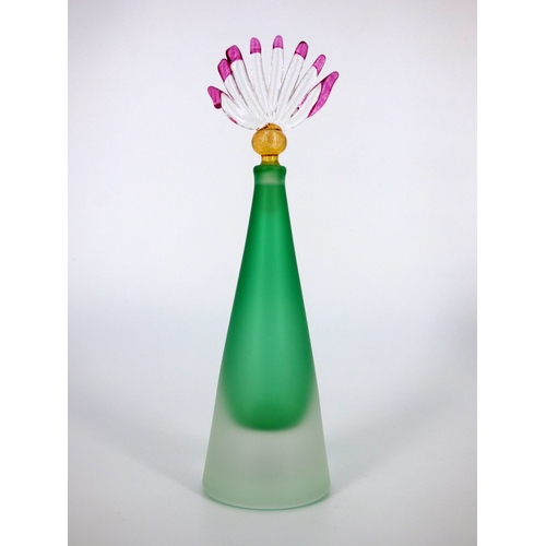 84 - Bob Crooks, two conical perfume bottles, pink and green.

Engraved signatures Bob Crooks, heights 23... 