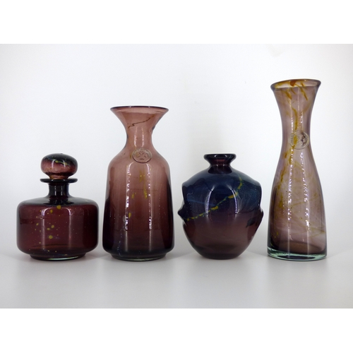 86 - Mdina Glass Malta, amethyst ink bottle and three amethyst vases designed by Michael Harris, circa 19... 