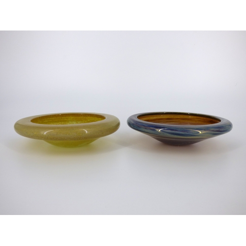 87 - Mdina Glass Malta, two inverted lip bowls yellow ochre and amethyst designed by Michael Harris, circ... 