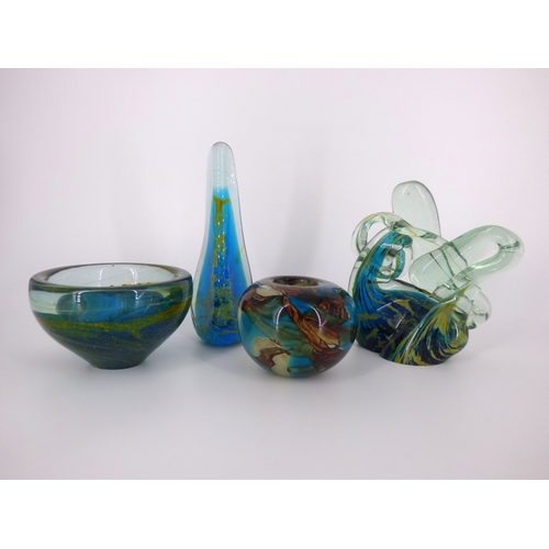 88 - Mdina Glass Malta, conical bowl, obelisk, Tiger inside out vase and trailed knot sculpture designed ... 