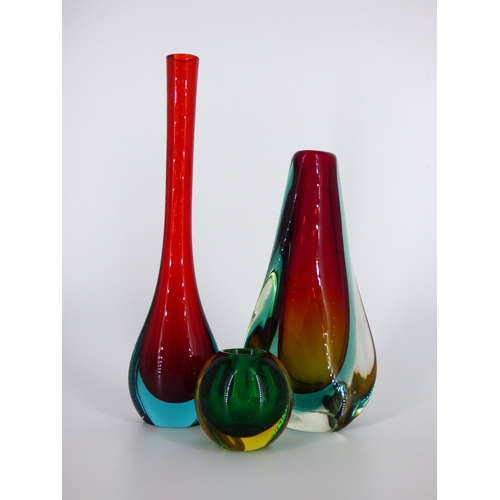 92 - Murano sommerso vases, tall Cenedese red and blue vase, Cenedese green and yellow posy vase and red,... 