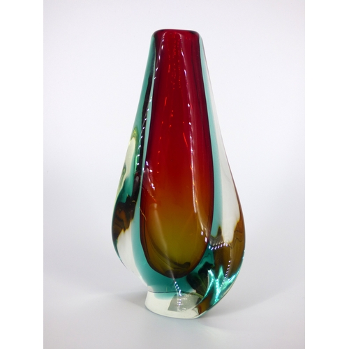 92 - Murano sommerso vases, tall Cenedese red and blue vase, Cenedese green and yellow posy vase and red,... 