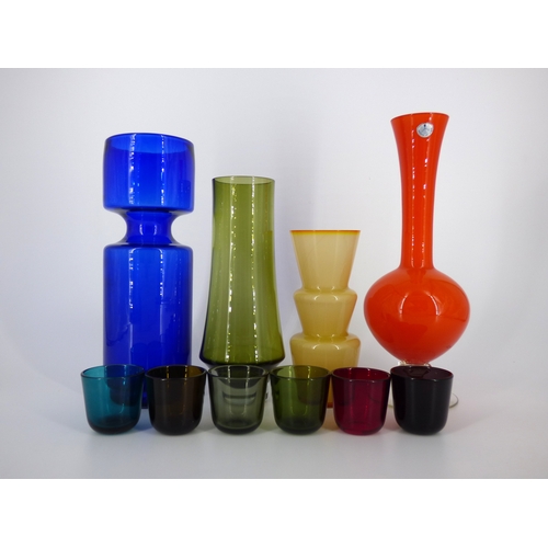 98 - Scandinavian glass to include hooped blue vase, green Riihimaki vase, stepped Lindshammer vase, oran... 