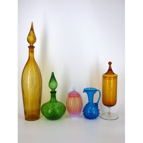 99 - Empoli Italy, amber and green genie bottles, opalescent orange lidded pot, blue knobbly pitcher and ... 