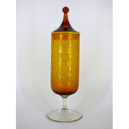 99 - Empoli Italy, amber and green genie bottles, opalescent orange lidded pot, blue knobbly pitcher and ... 