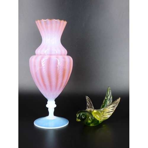 103 - Italian glass, Empoli opalescent orange vase together with a Murano dark green and uranium glass bir... 